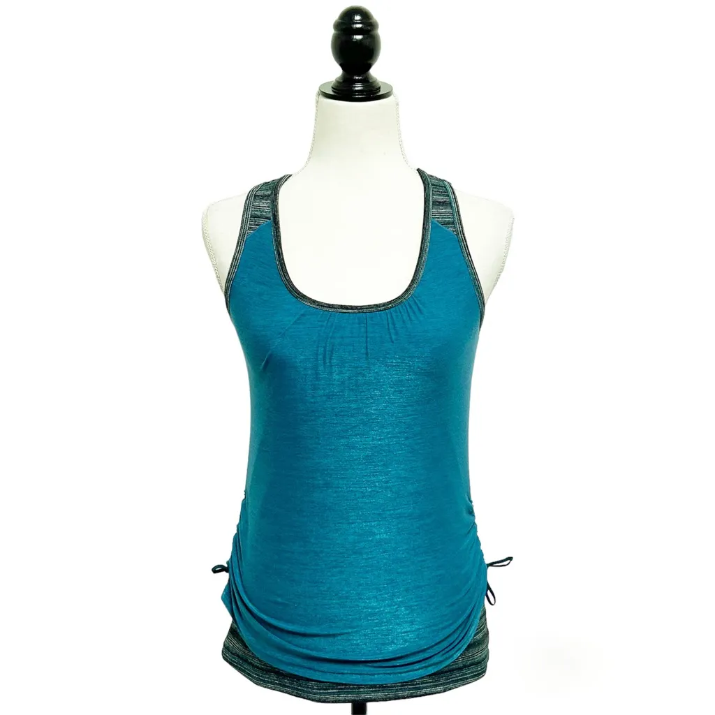 Athleta Teal Grey Black Stripe Metallic Ruched Racerback Shelf Bra Tank Small - Image 2
