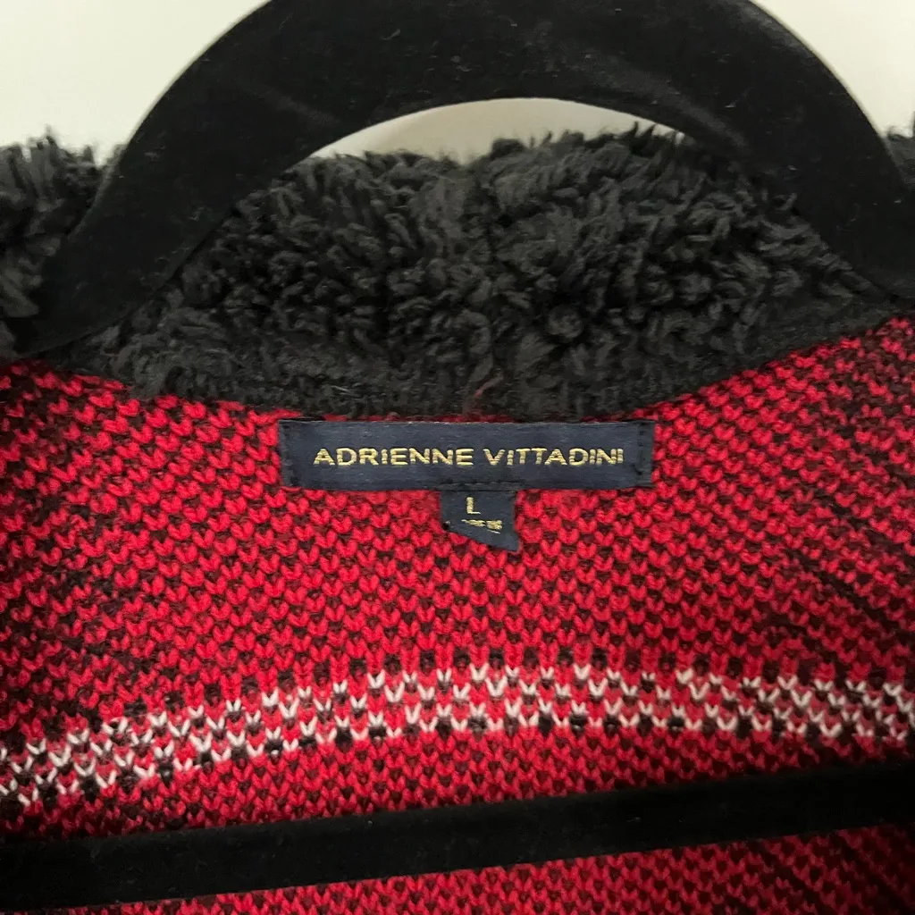 Adrienne Vittadini Red and Black Plaid Sherpa Collared Wrap Cardigan Sz L - Image 3