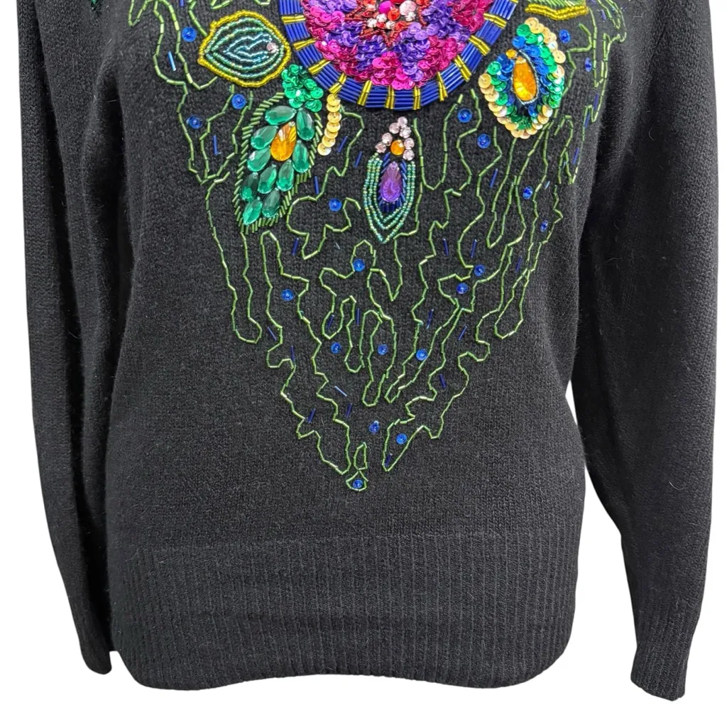 Vintage Cedars Black Sequin Beaded Floral Sweater L Size L - Image 3