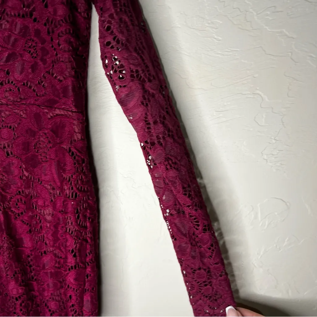 Burgundy Lace Floral Long Sleeve Off Shoulder Sweat heart Maxi Dress - Image 7