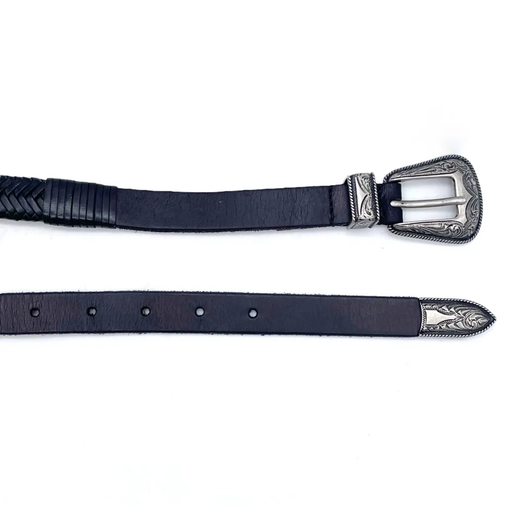 Y2K Lucky Brand Black Braided Leather Belt XL Silver Western Buckle Rodeo 1997 - Image 4