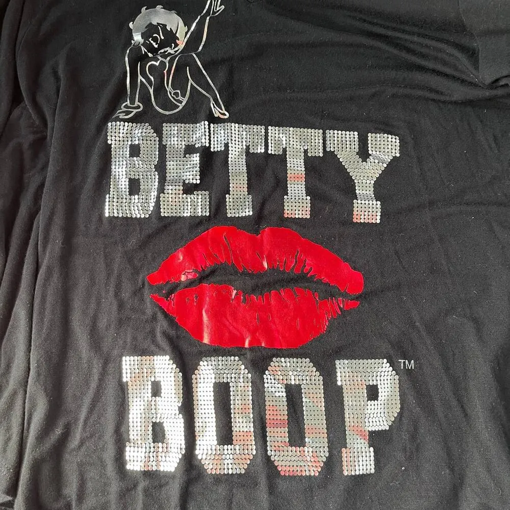 Universal Studios Betty Boop Women Top Sz M Y2K Off Shoulders Baddie Foil Lips Black Size M - Image 2