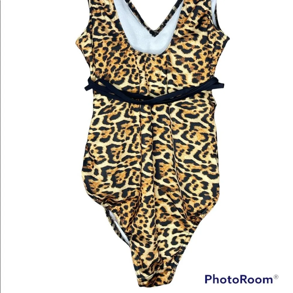 ASOS Leopard Print Black Brown Belted One Piece Deep V Neck Bathing Suit Size 6 - Image 4