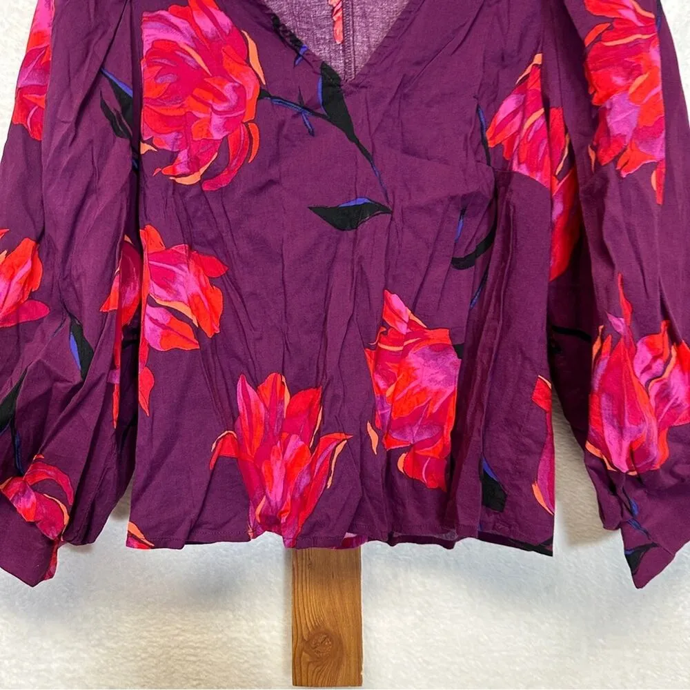 A new day Voile Purple & Pink Floral 3/4 Puff‎ Sleeve Top Size XS - Image 4