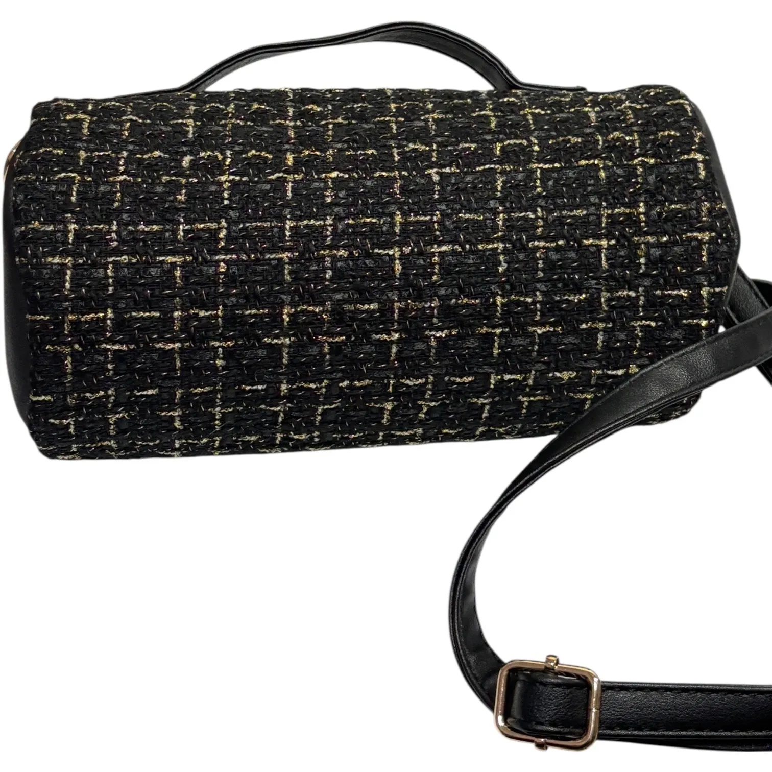 Badgley Mischka New York Black Gold Tweed Barrel Crossbody Bag Adjustable Strap - Image 5