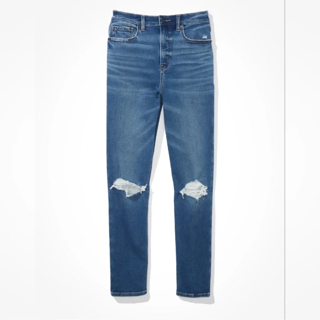 American Eagle Soft Knit High Rise Mom Jeans Distressed Raw Hem Size 2 - Image 12