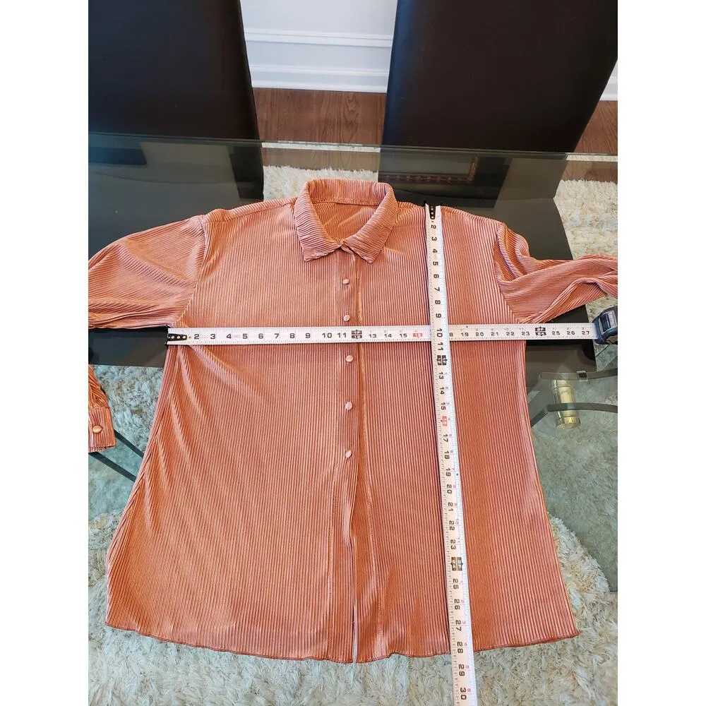 Women Pleated Lounge Set XL Pink Long Sleeve Button Top Wide Leg Pants 2 Piece - Image 6