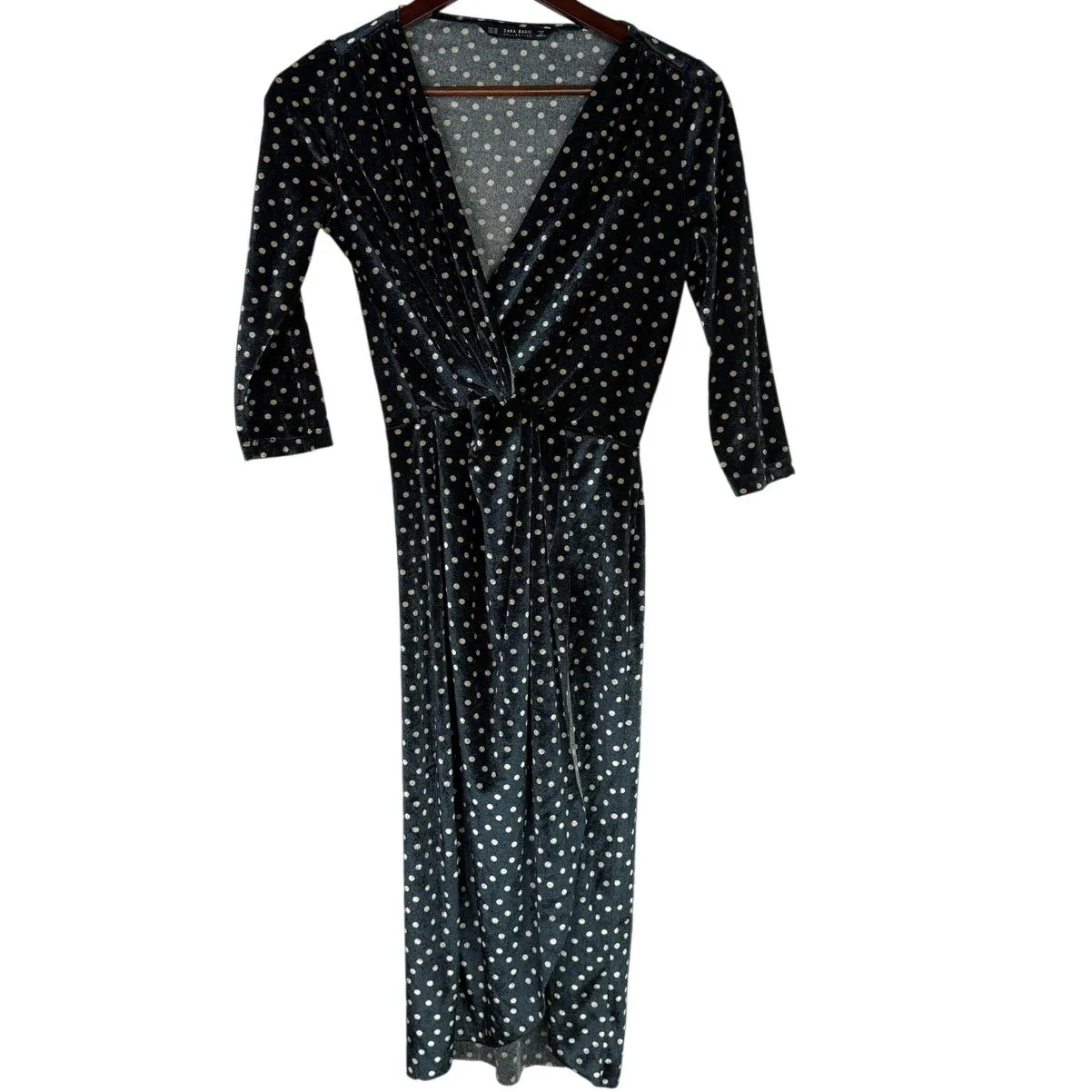 Zara Polka Dot Velvet Twist Front Crossover Midi Dress Front Slit XS Black Gold - Image 11