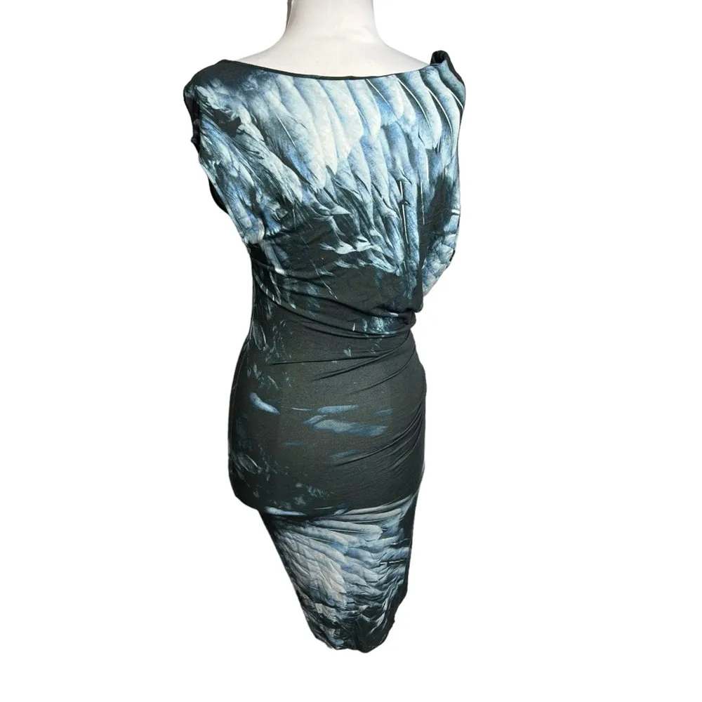 Helmut Lang Draped Bird Print Asymmetric Dress Blue Grey Sz M - Image 3