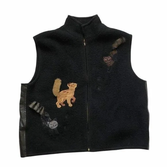 CATS Boiled Wool Appliqué Leather Black Zipper Closure Vest Womens Size XL - Image 10