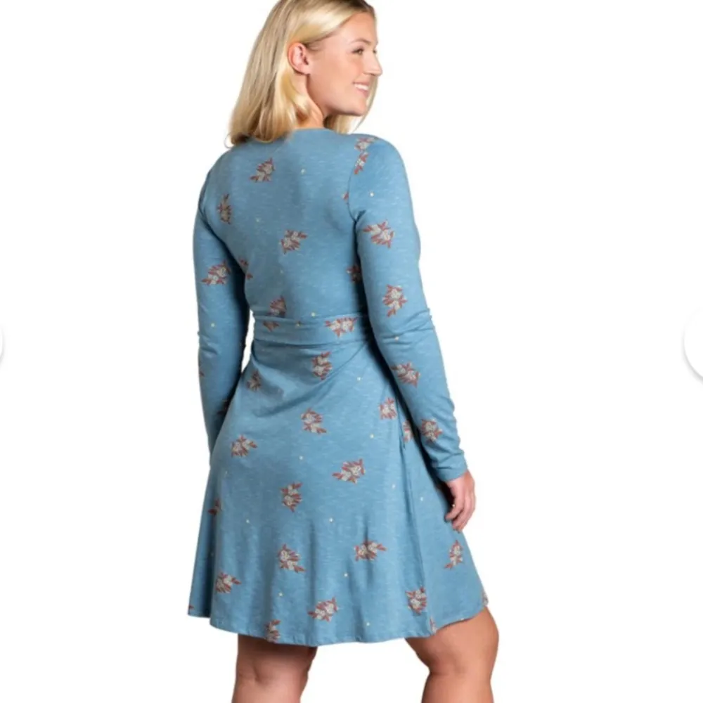 Toad & Co Cue Long-Sleeve Blue Floral Wrap Dress Glacier Spray Print W1089 Sz L - Image 2