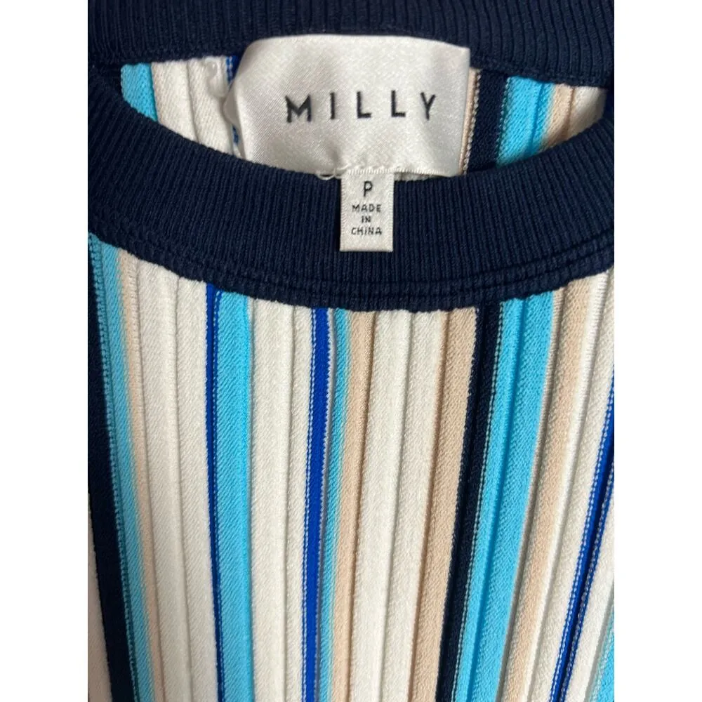 Milly Blue Stripe Ribbed Stretch Knit Fringe Short Sleeve Midi Dress Size Petite - Image 8