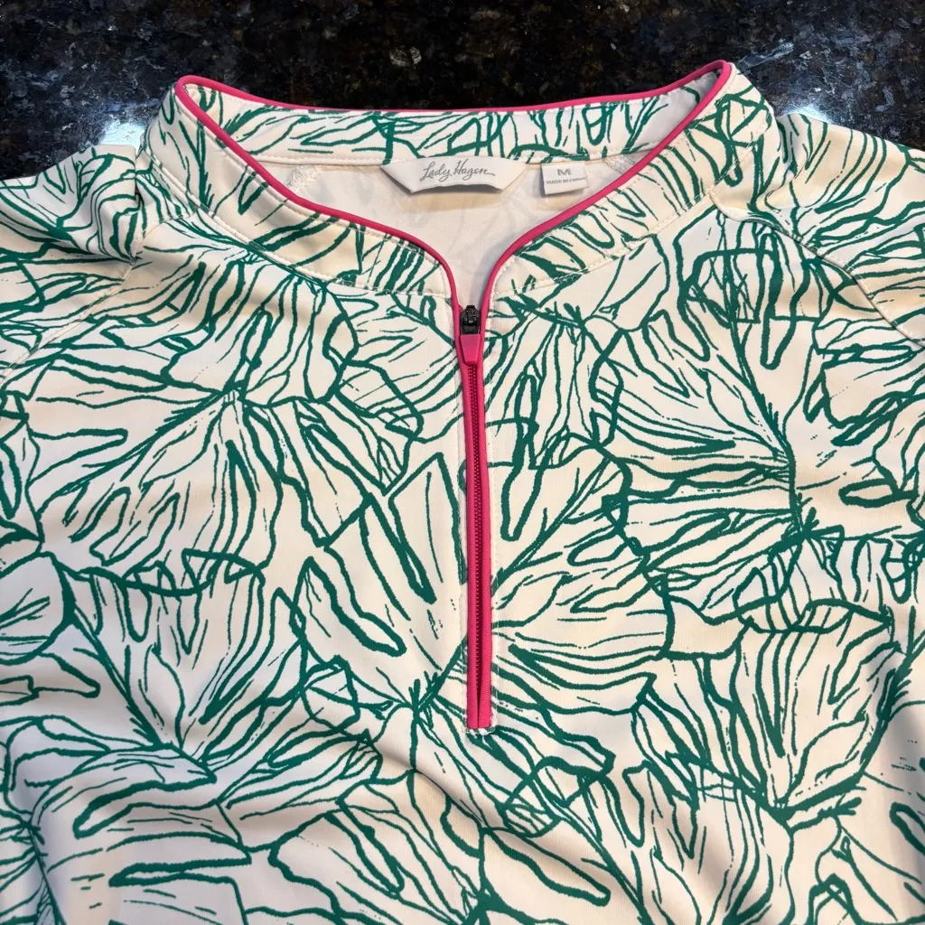 Lady Hagen Women’s Tropical Palm Polo Athletic Top Golf Shirt 1/4 Zip Size M - Image 3