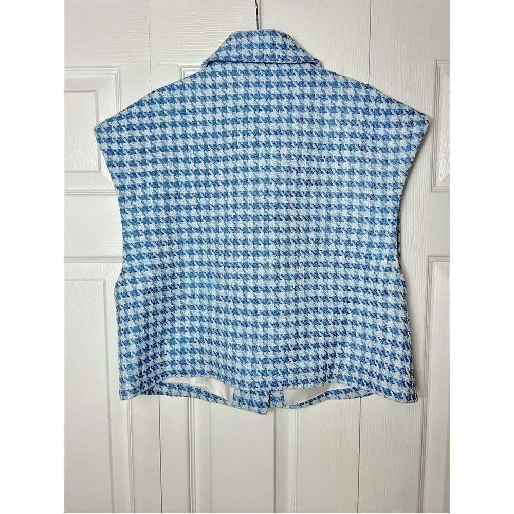 Zara Blue White Tweed Houndstooth Cropped Vest Jacket Size Large - Image 9