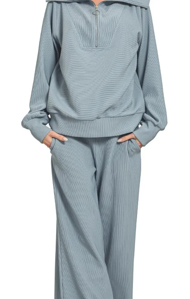Zenana Ribbed High Neck Half Zip Pullover & Pants Set - Image 1