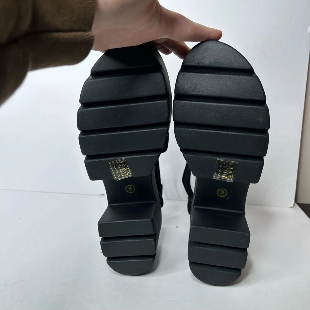 New Faux Suede Leather Chunky Black Platform Sandals 9 Block Heel - Image 3