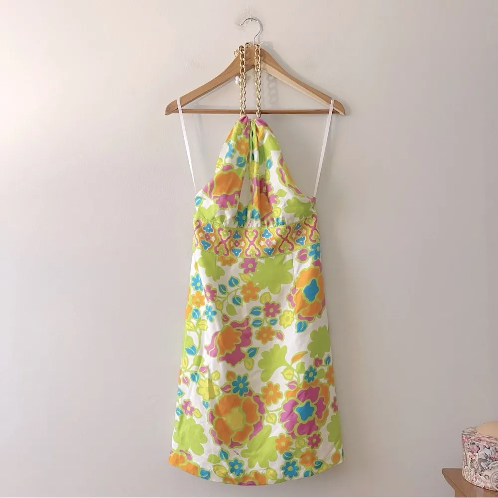 Milly Halter Dress Ditsy Floral Size 2 EUC White Bright Colors Summer Gold Chain - Image 3