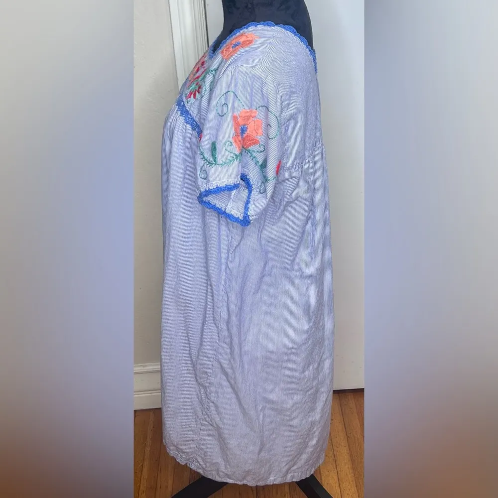 Roller Rabbit Blue & White Stripe Floral Embroidered Crochet Shift Dress Sz L/XL - Image 9
