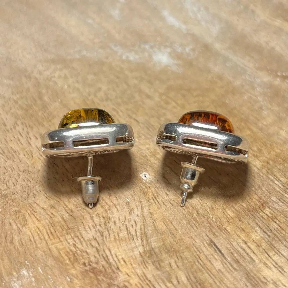 Genuine Amber 925 Sterling Silver Square Stud Earrings - Image 7