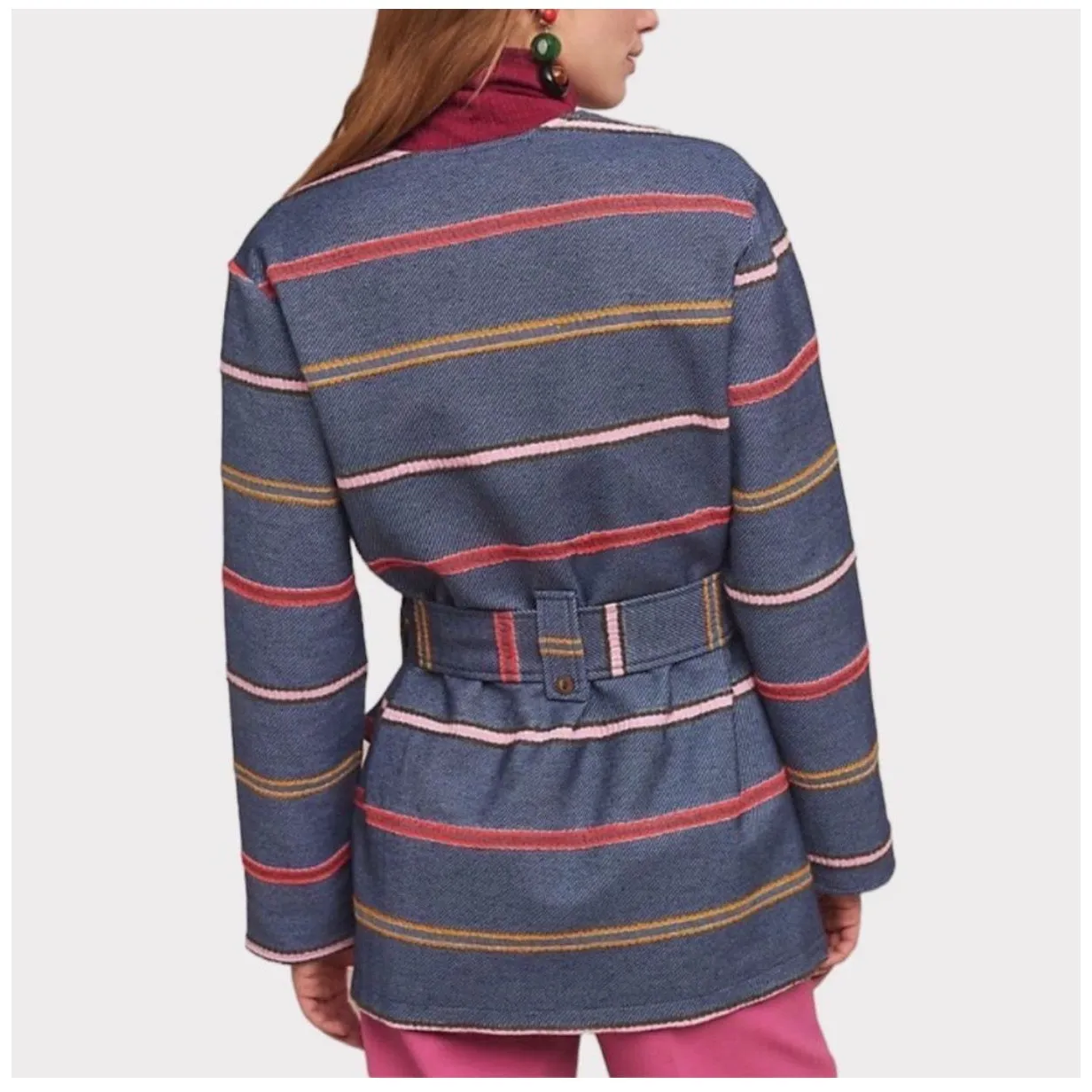 Anthropologie Dolan Piccadilly Blue Button Front Striped Belted Short Coat Small - Image 3