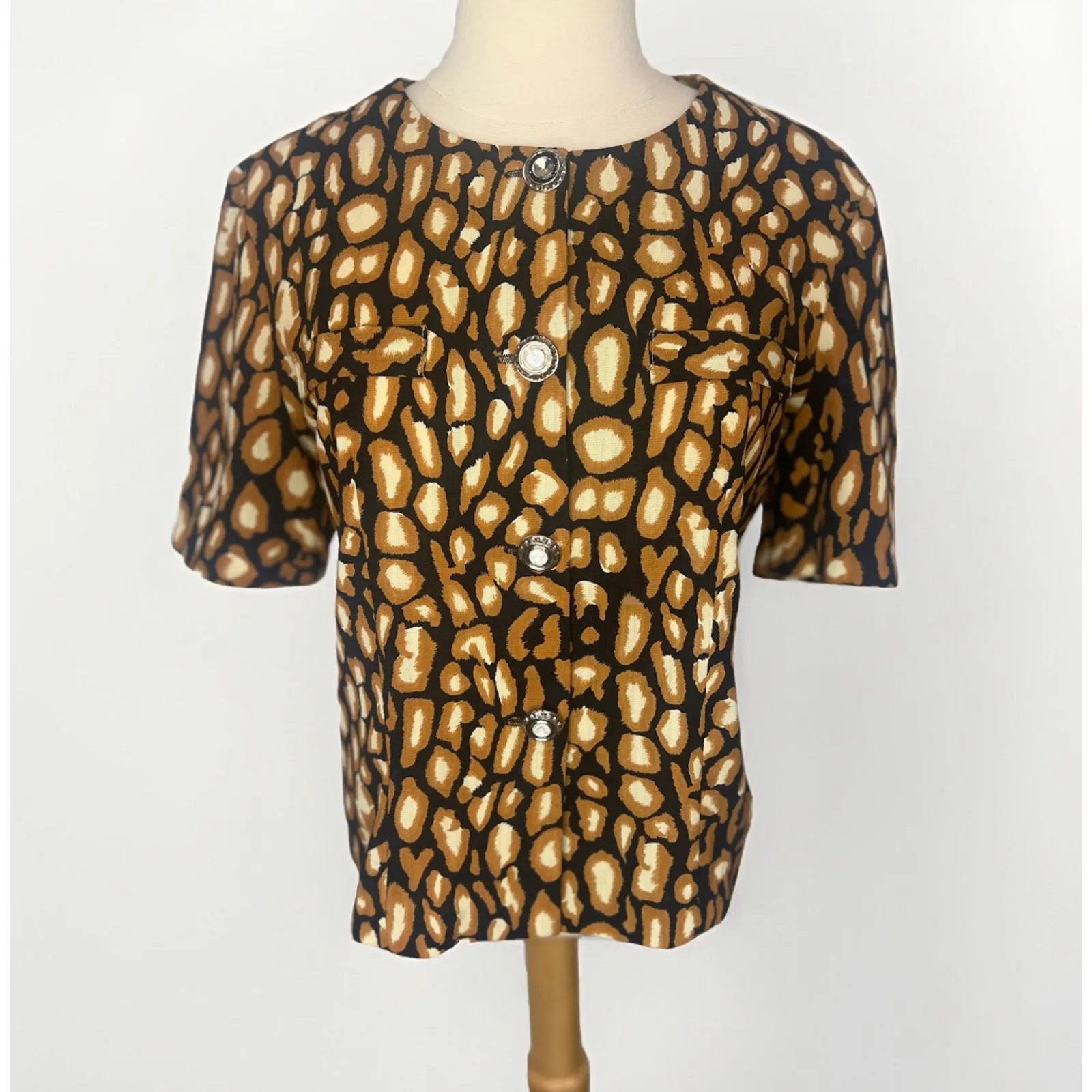 Vintage Korean Tai Lam Pattern Button Down Blouse ShoulderPad Black Tan Medium - Image 2