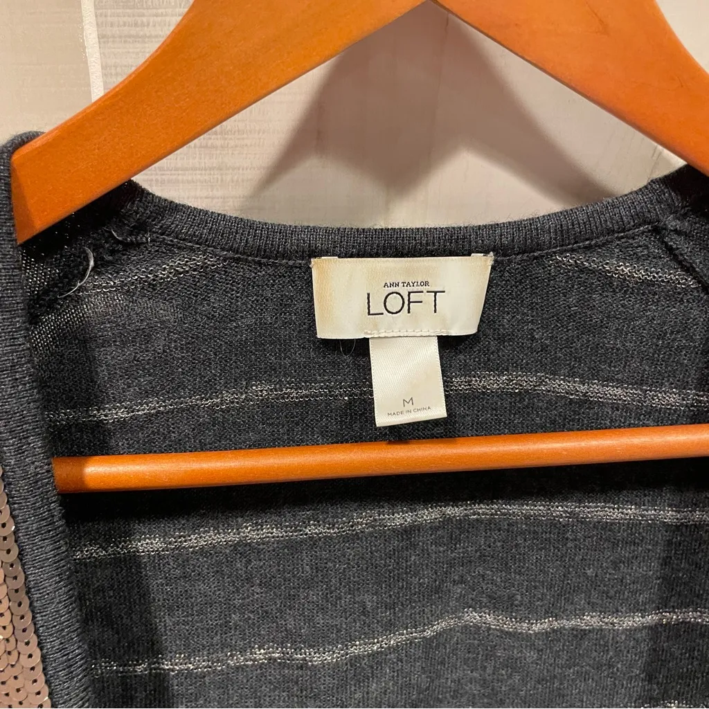 Cute loft lightweight wool blend charcoal metallic stripe mesh sequin sweater - Image 8