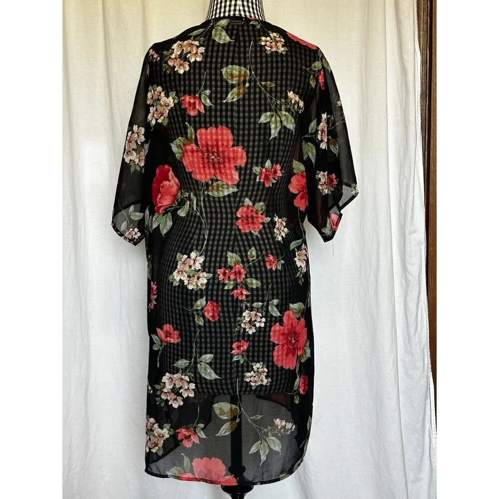 Liberty Love Black Floral Boho Sleeveless Swing Dress with Matching Kimono Large - Image 6
