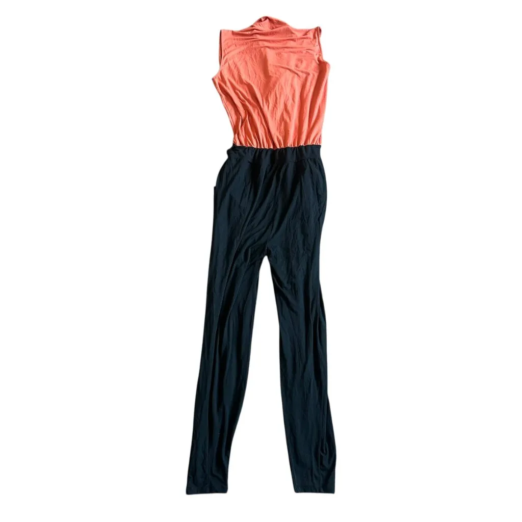 Les Lunes Colorblock Jumpsuit Sleeveless Wrap Front Belted Stretch Small Medium Orange - Image 6