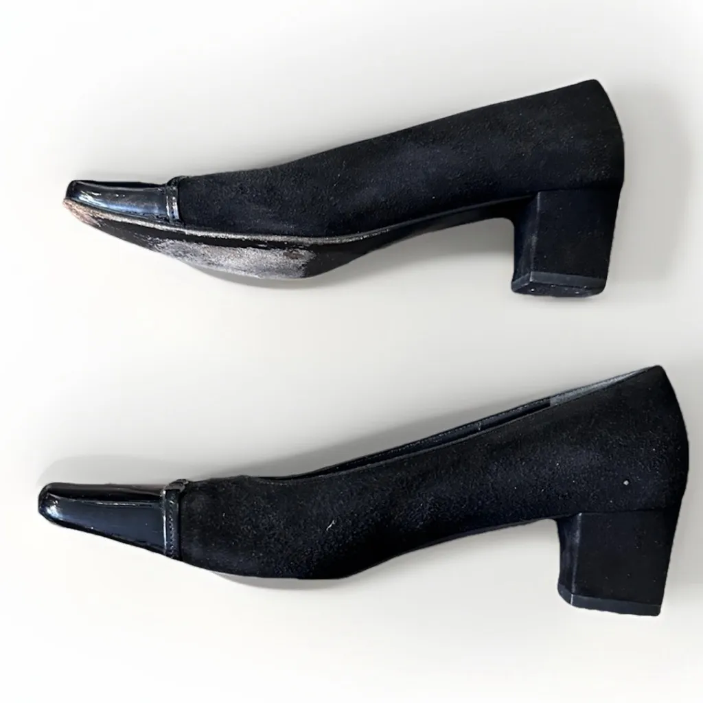 SALVATORE FERRAGAMO Vara Square Toe Pumps 5B Black Velvet Patent Heels Italy - Image 12