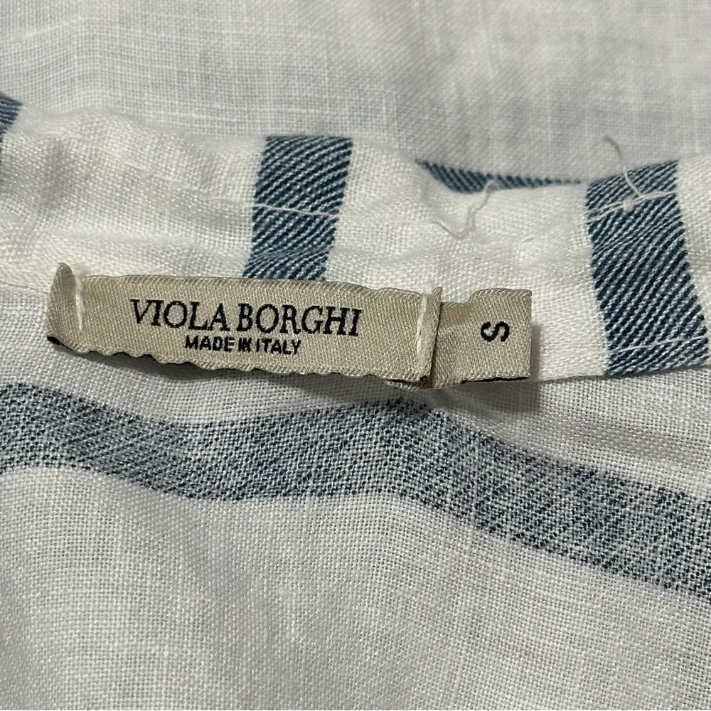 Viola Borghi S White Blue Striped Linen Oversized Roll Tab Button Down Shirt - Image 4