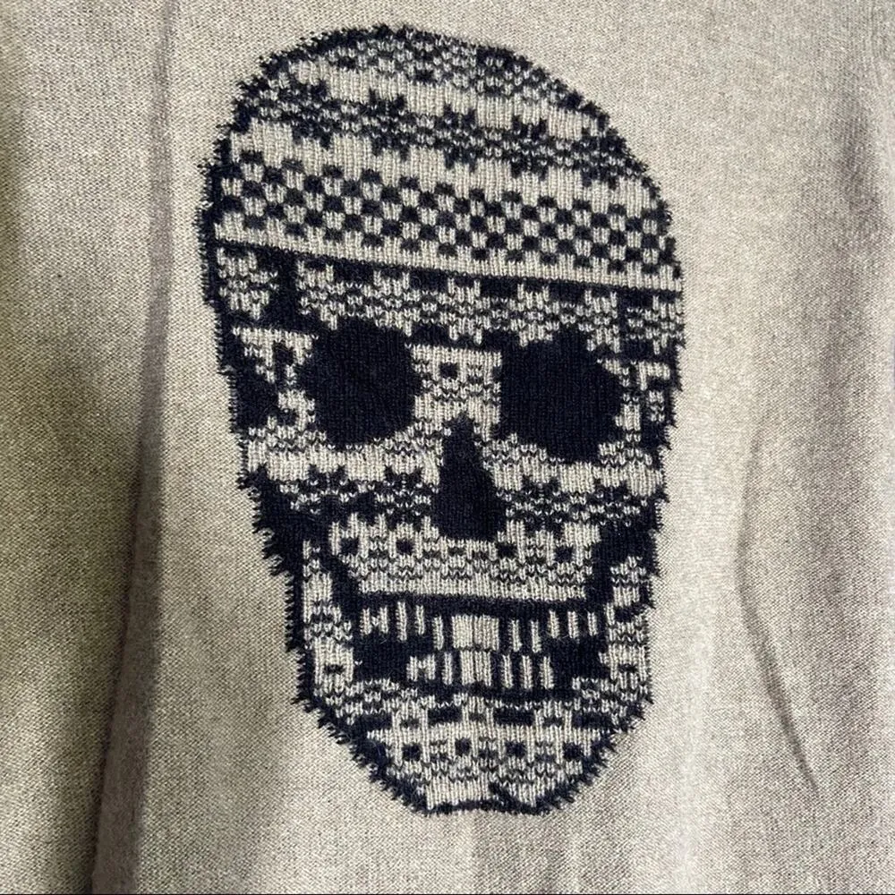 Skull Cashmere Sweater Tan Checkerboard Print S - Image 3