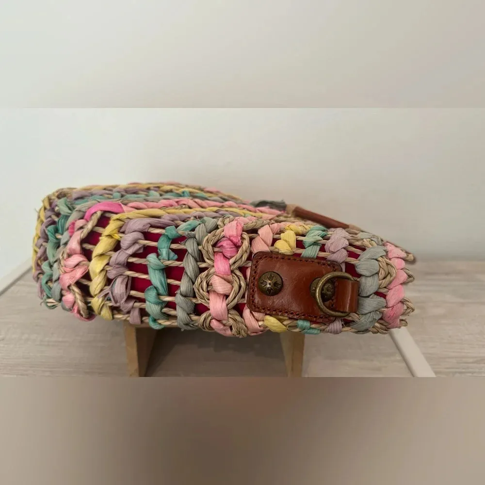 PATRICIA NASH Lesa Multicolor Pastel Straw Bag Wood Ring Handle Boho NO STRAP - Image 6
