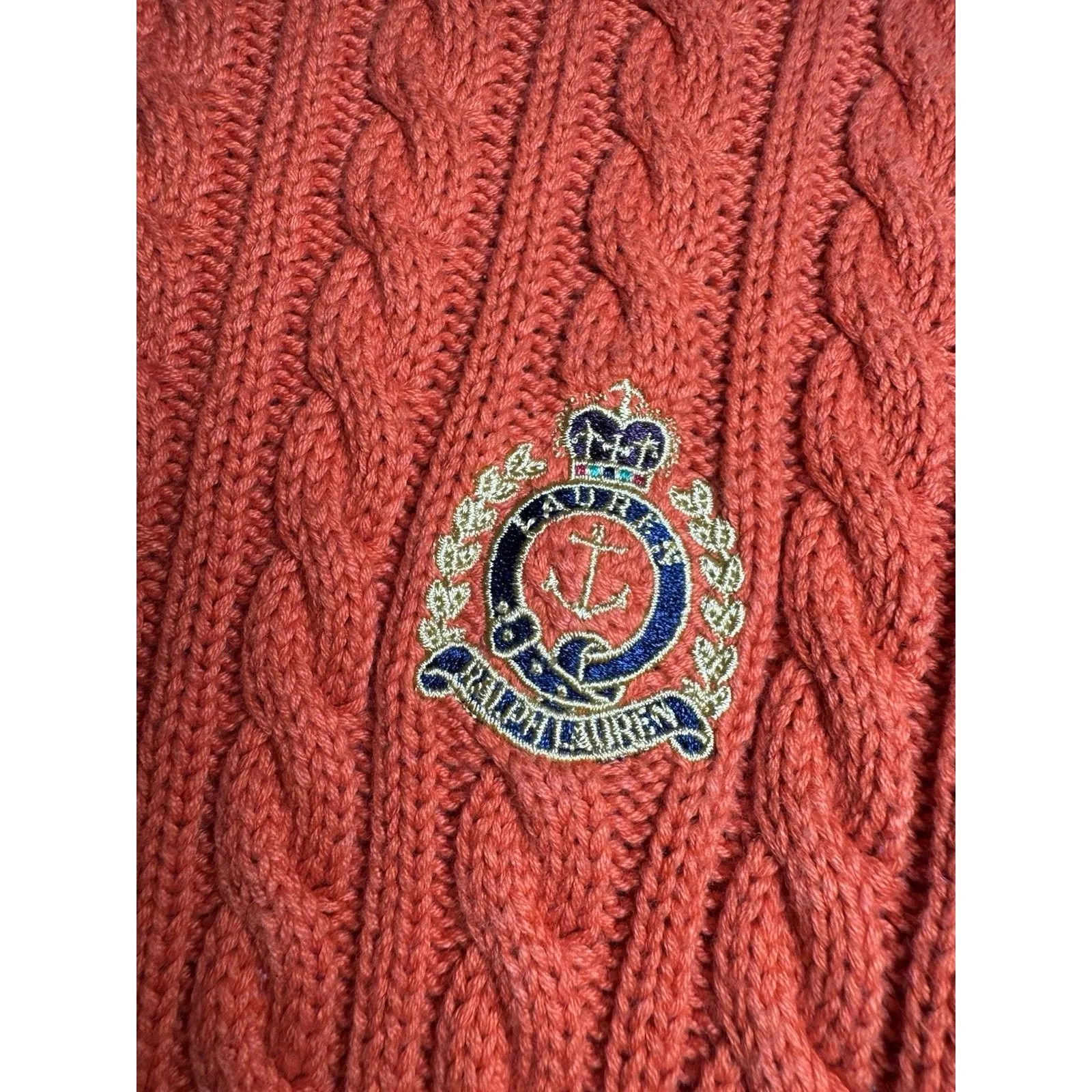 VTG Australia RALPH LAUREN Orange Braided Cable Knit Crest Logo Cotton Sweater M - Image 5