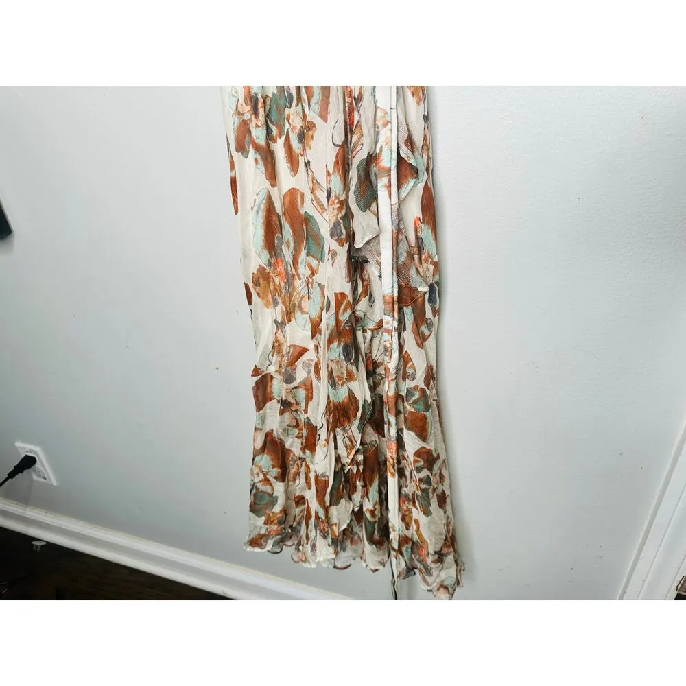 TANYA TAYLOR Floral Brown White Wrap Ruffle Sleeves Floral Blaire Dress Size 4 - Image 8