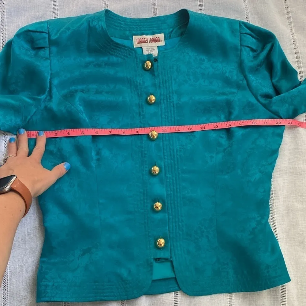 Maggie London 80s silk blazer with gold buttons in deep turquoise. - Image 5