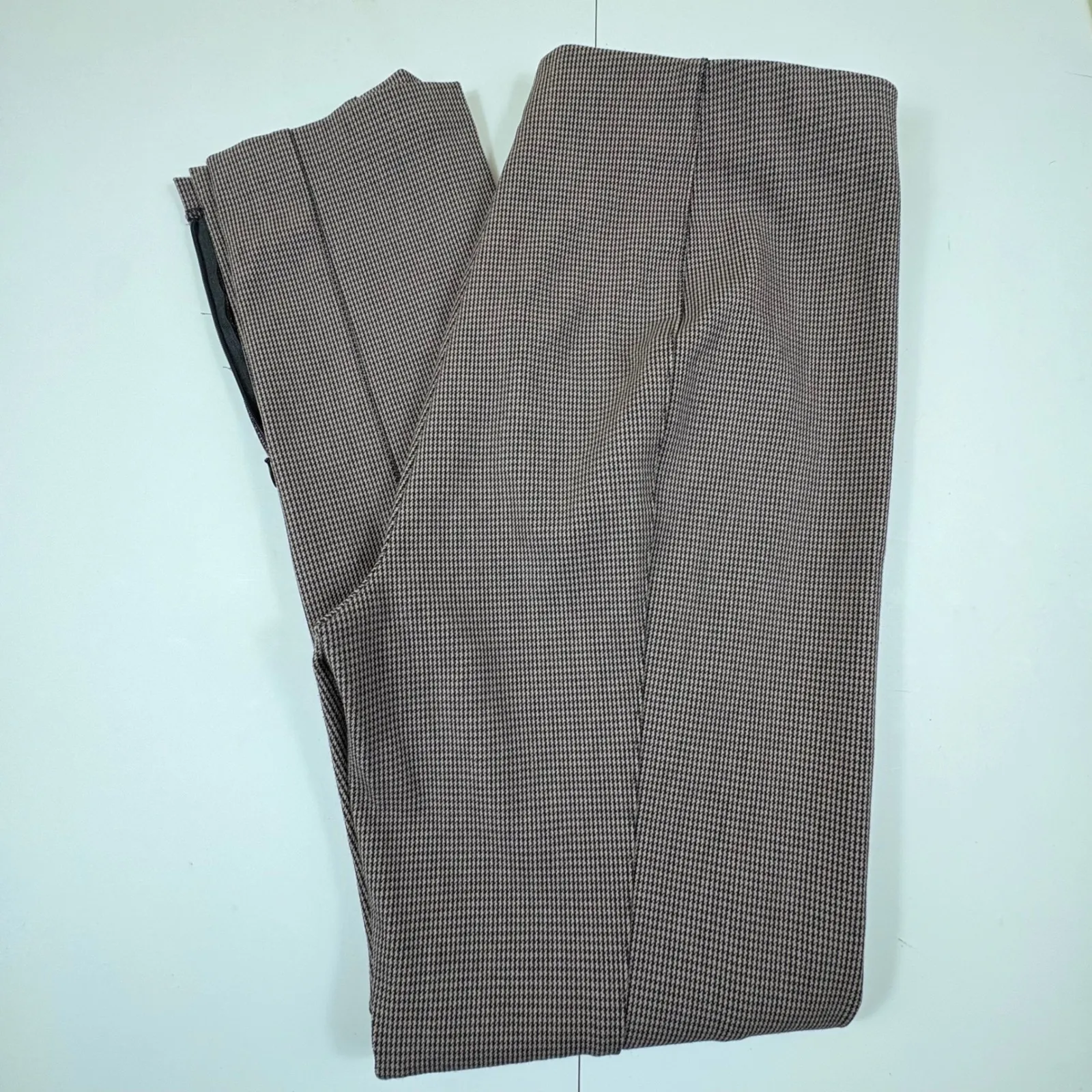 Ann Taylor Houndstooth Career Dress Pants Size 10 Black Tan Flat Front Ankle Zip - Image 9