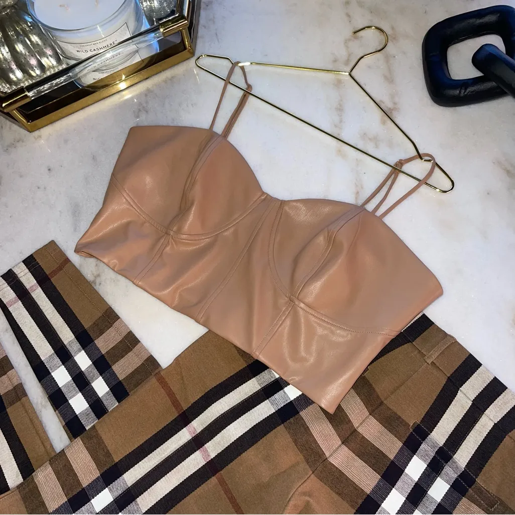 Express Body Contour Faux Leather Corset Cropped Top in Beige Tan Nude - Image 4