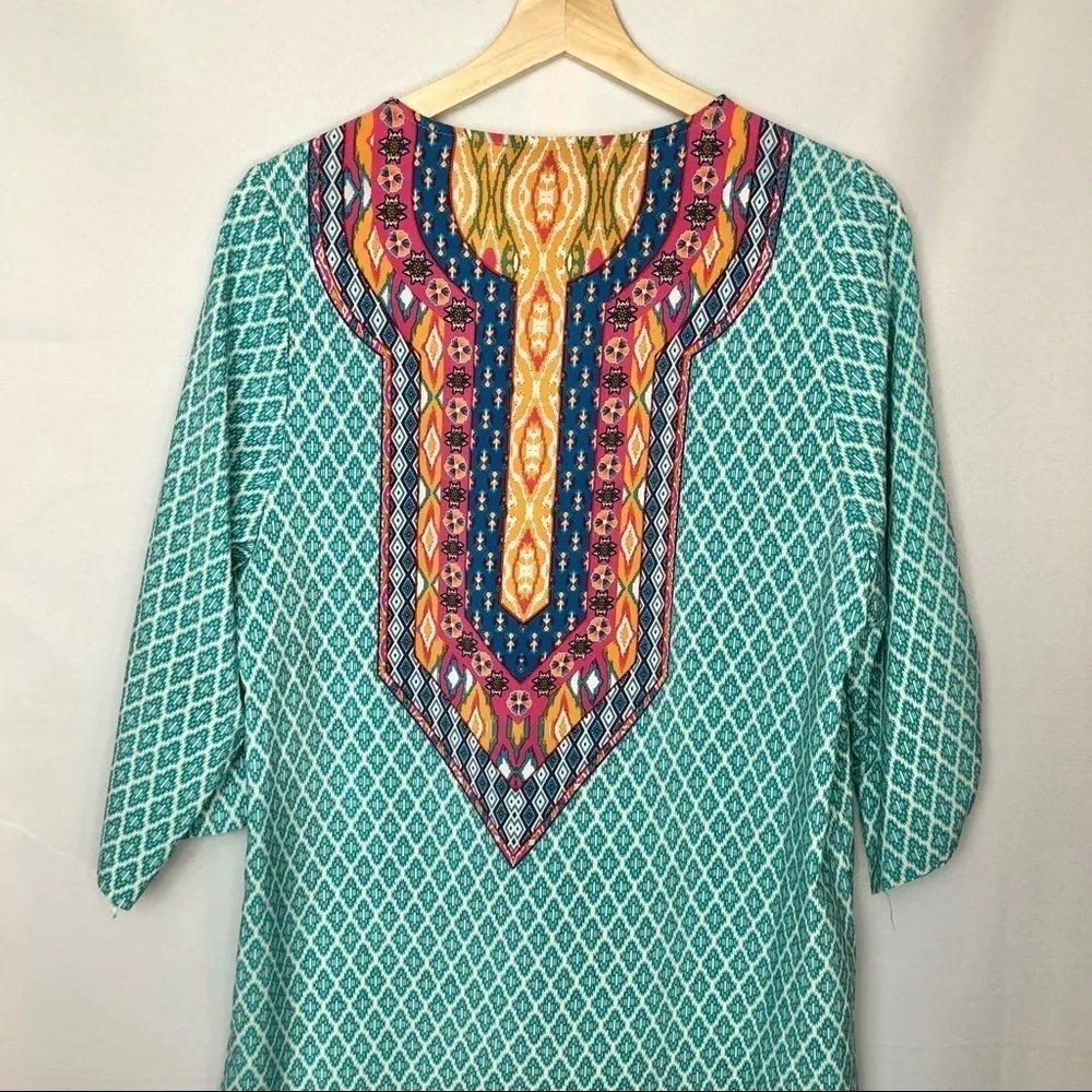 Urban Coco Blue & White Printed Boho V-Neck Half Sleeve Dress L - Image 8