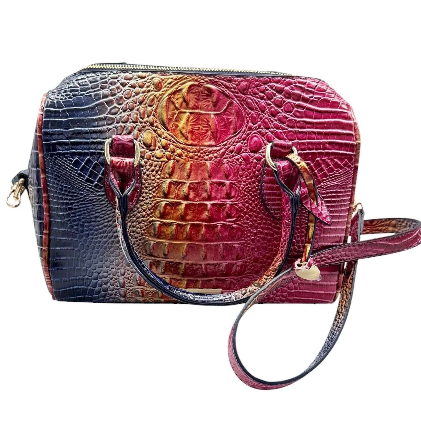 Vegan Leather Rainbow Multicolor Purple Crocodile Embossed Crossbody Satchel Bag - Image 3