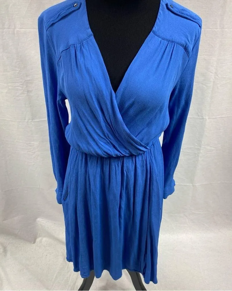 Anthropologie Maeve Blue Lene Faux Wrap Dress Size XS Long Sleeve Zipper Pockets - Image 7
