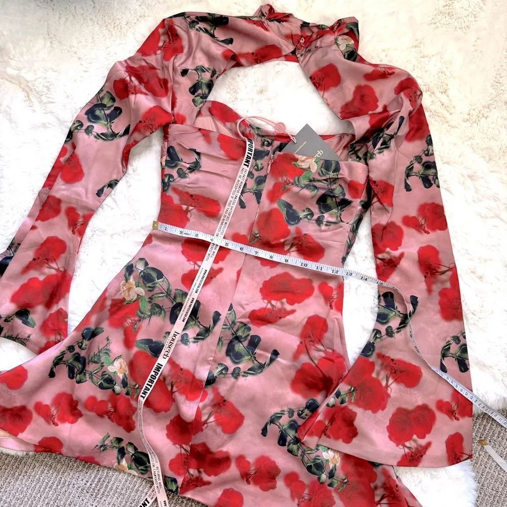 House of CB Rose Print Corset Longsleeve Toira Dress S - Pink Red - Image 5