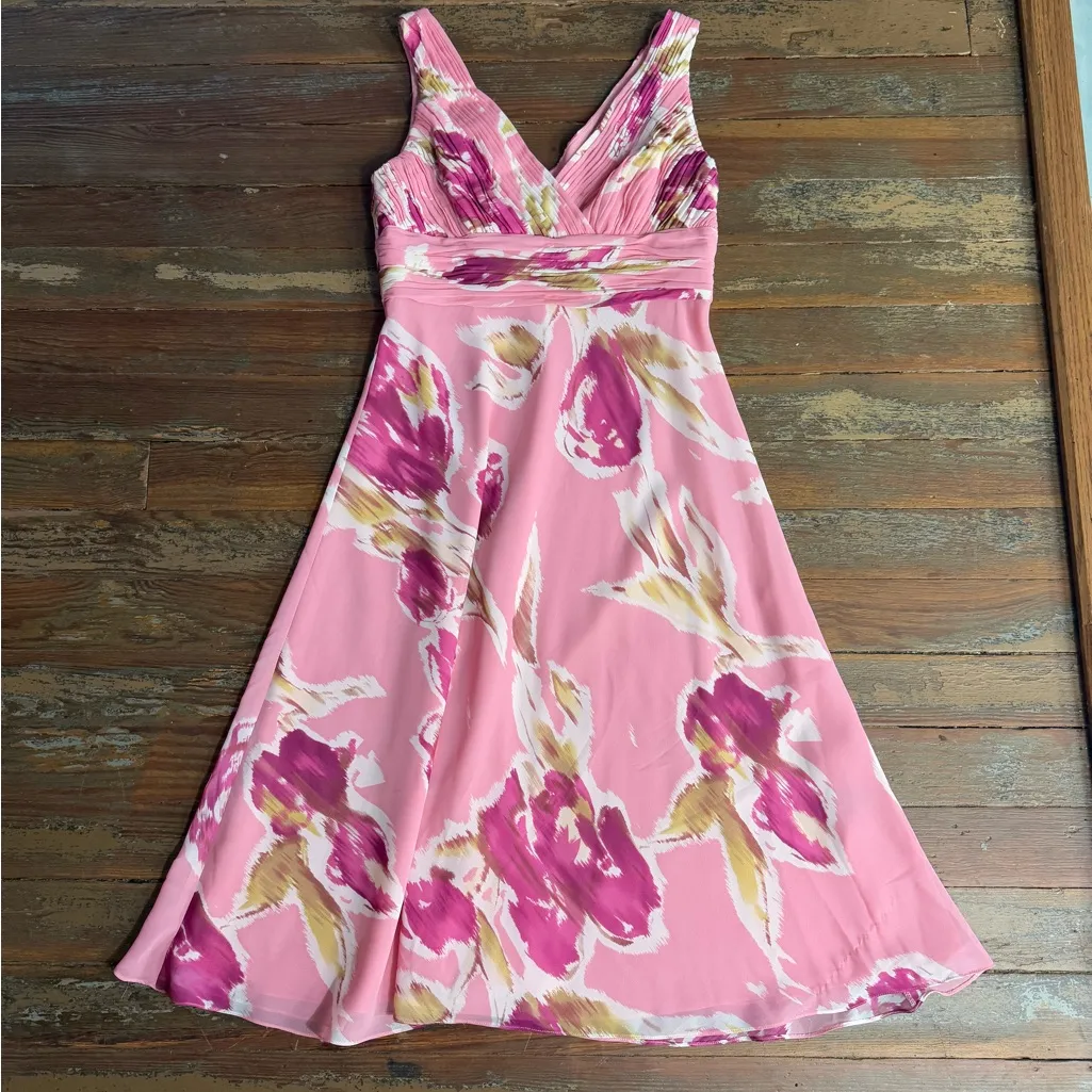 VNTG Adriana Papell Pink Watercolor Floral Pleated Top Chiffon Dress ~ Sz 10 💛🍄 - Image 5