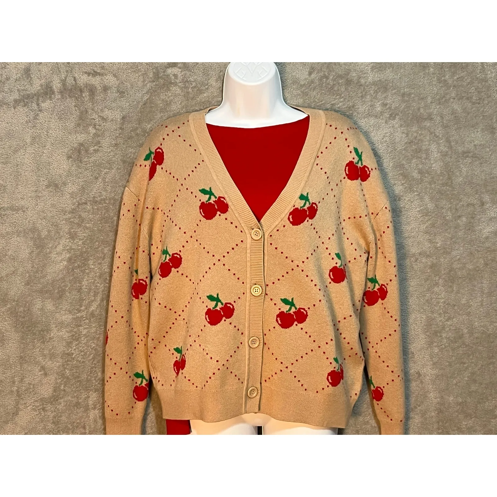 99 Jane Street Cardigan Sweater Small Tan Cherries Grandma Core Twee NWOT - Image 2