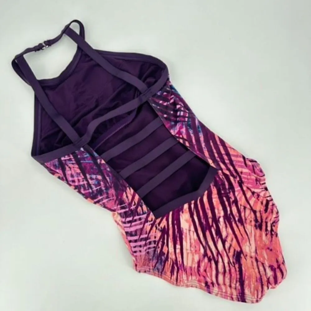 Carmen Marc Valvo Women's Tropical Palm Halter Open Back Swimsuit Purple Size 4 - Image 4