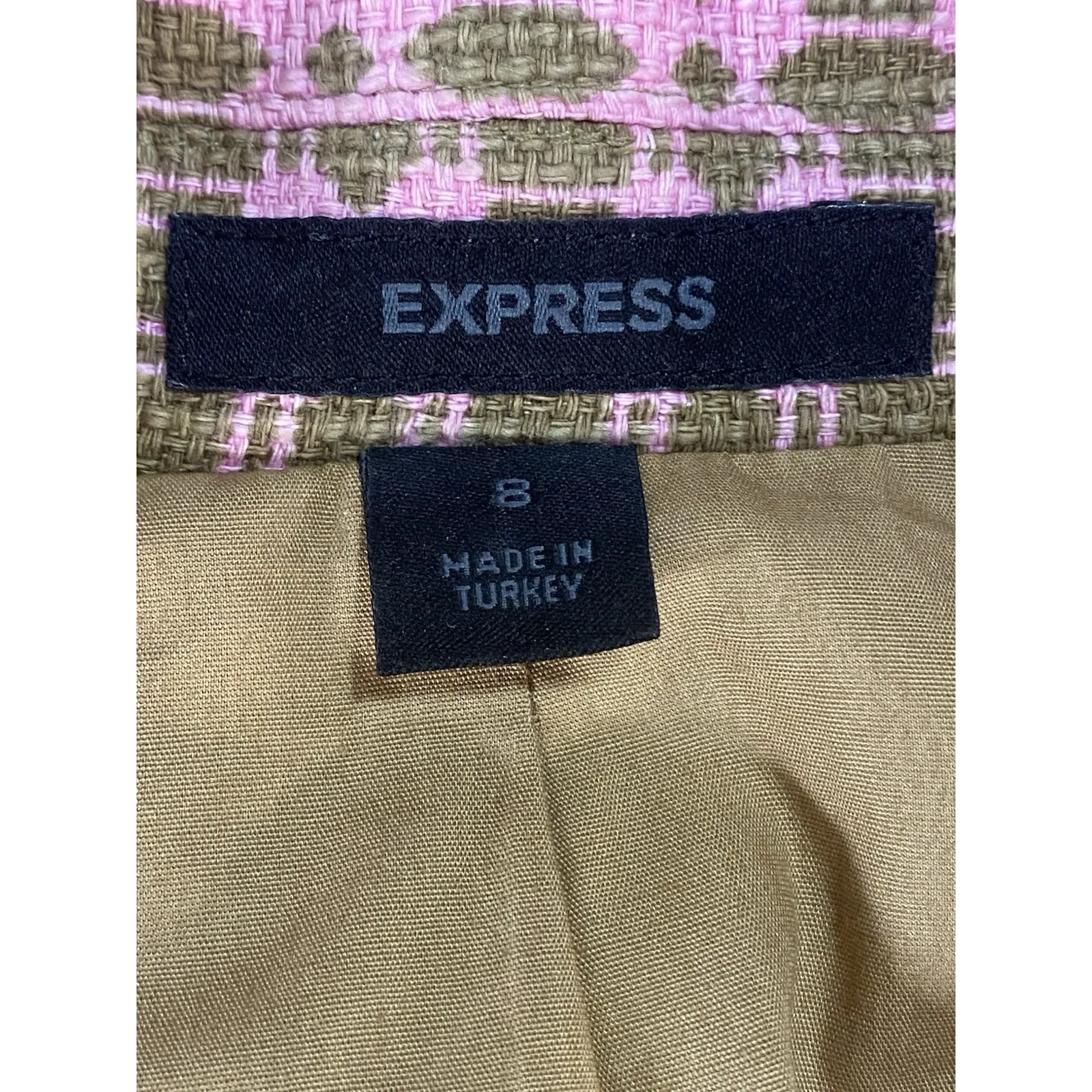 Express Pink Brown Tweed Cropped Work Blazer Button Front Classic Size 8 - Image 3