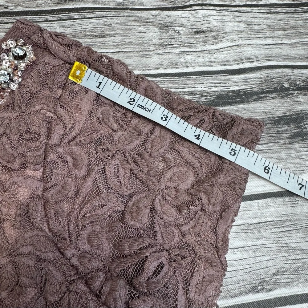 la vanya Women's Lace Overlay Jeweled Neck Tee T Shirt S SM Small Purple Stretch - Image 10