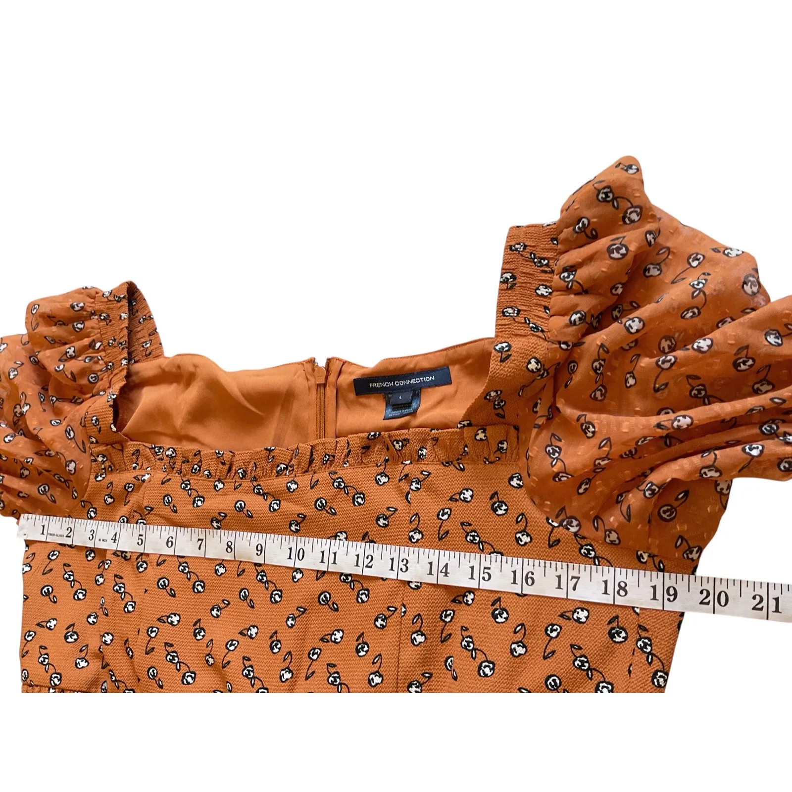 French Connection Dress‎ Orange Floral Square Neck Long Sleeve Midi - Image 8