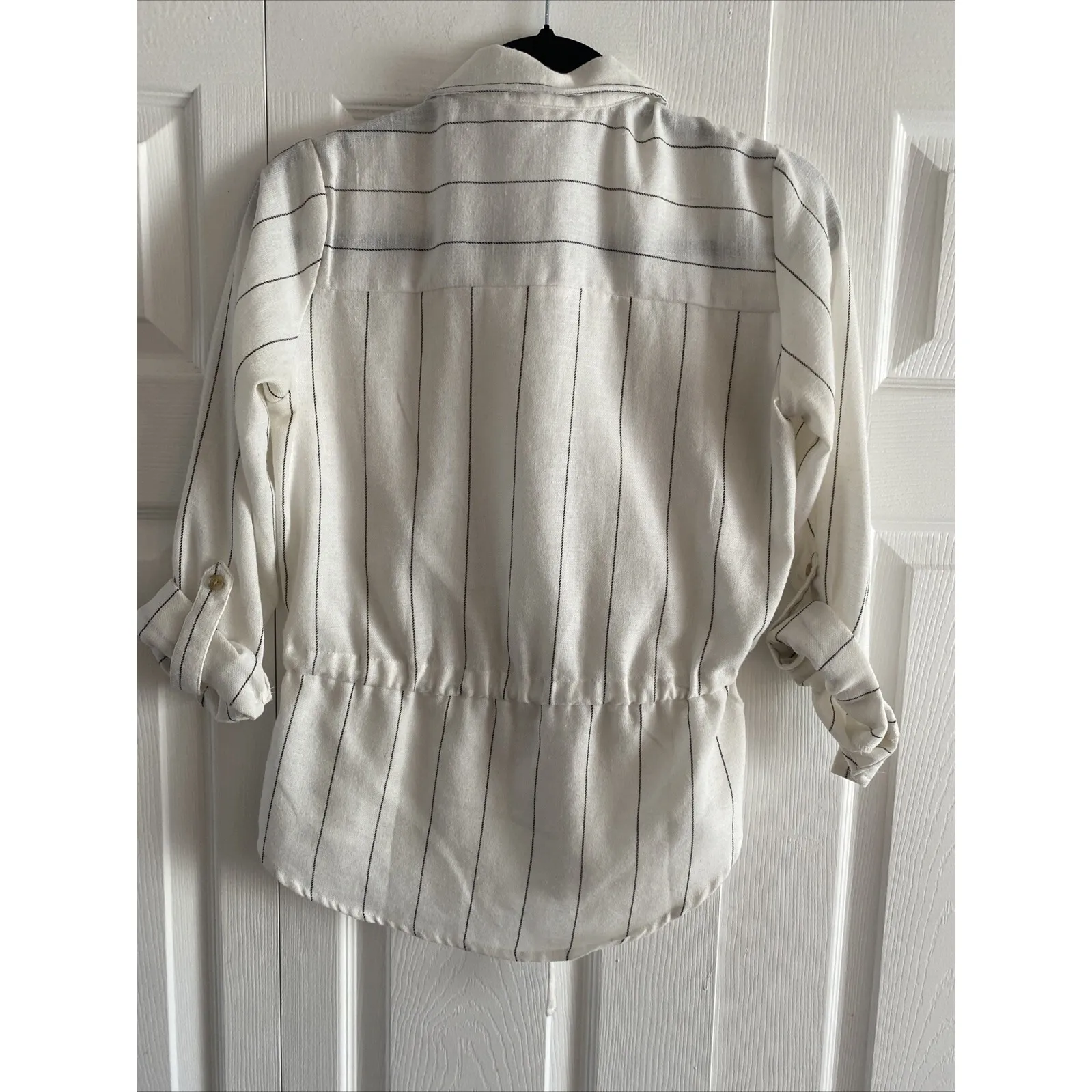 Dizzy Lizzy Women's Small White Pin Stripe Tie Waist Top‎ Career Corp Siren - Image 5