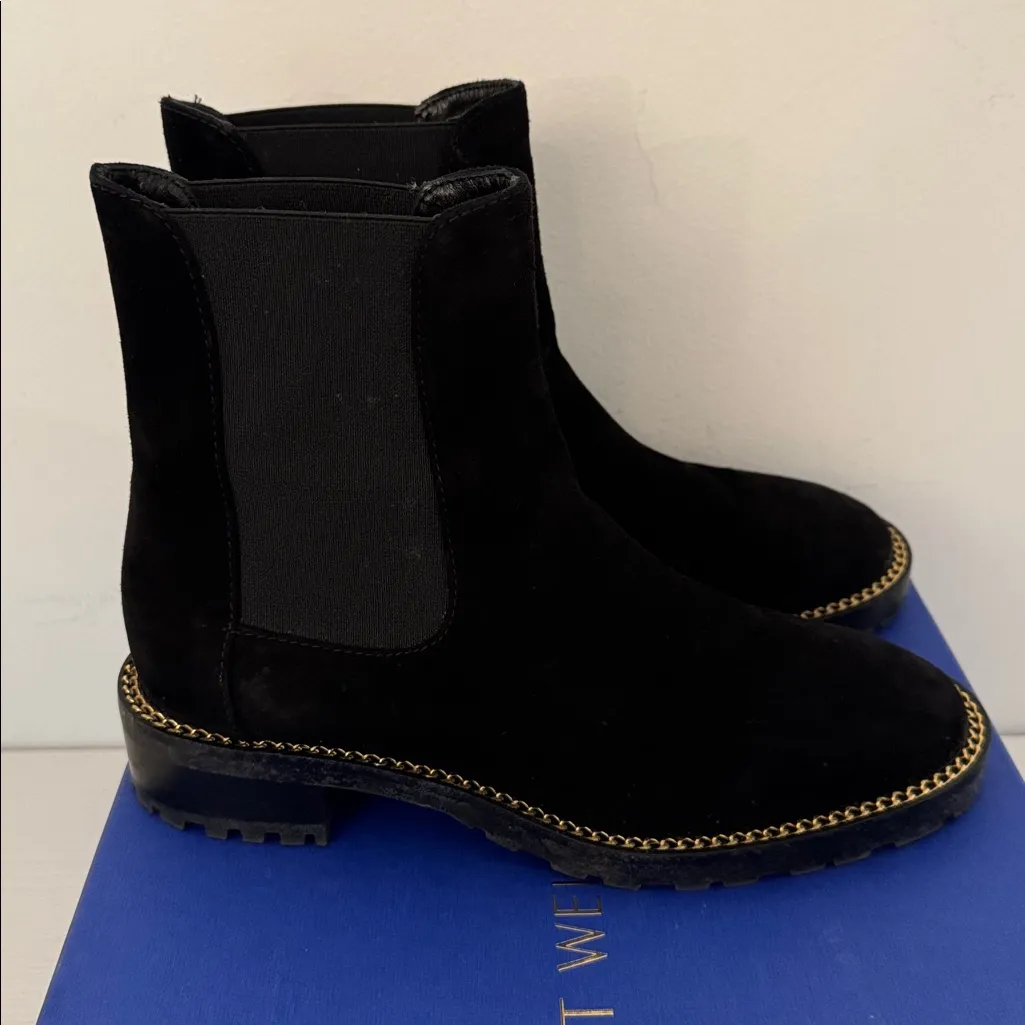 Stuart Weitzman Black Suede Kolbie Chain Chelsea Booties Size 36.5 - Image 3