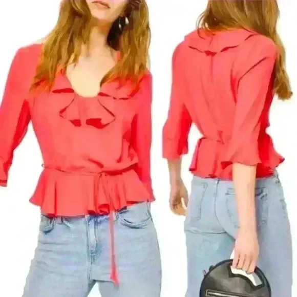TOPSHOP Peplum Ruffle Blouse Hot Pink Crepe Top 3/4 Bell Sleeve Belt Size 4 - Image 2